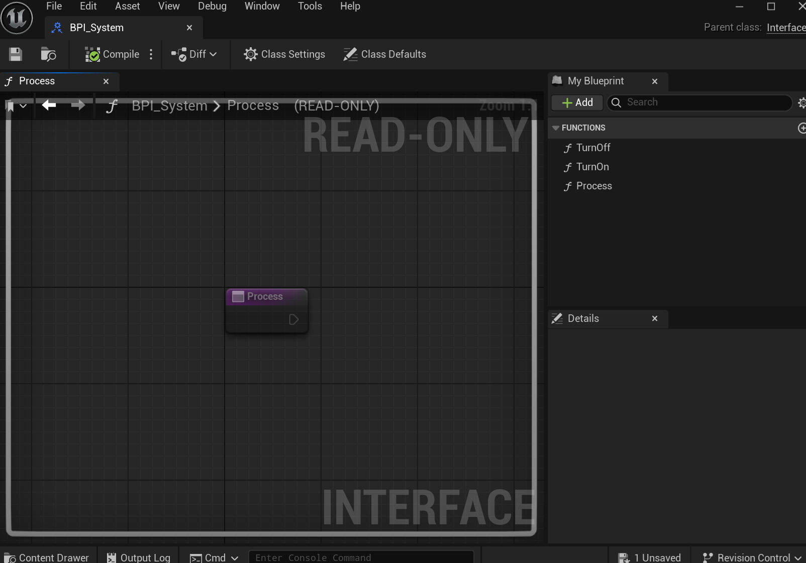 The BPI_System interface shown in the editor, with the Process function highlighted. It takes no parameters and returns no values.