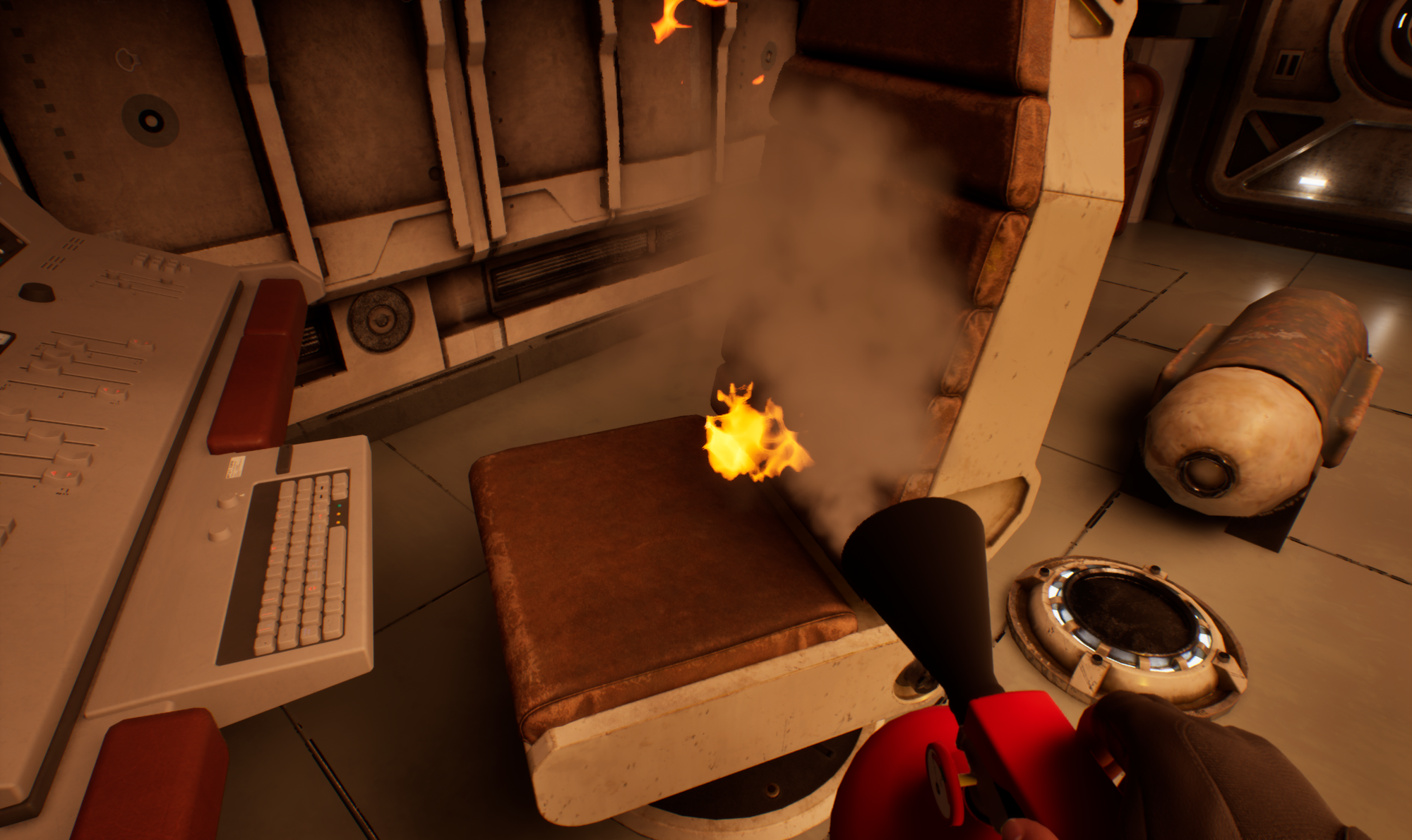 The main character putting out one of the seat fires with a fire extinguisher they're holding. The hazy fire suppressant is billowing out and smothering the fire, which is much smaller than it started.