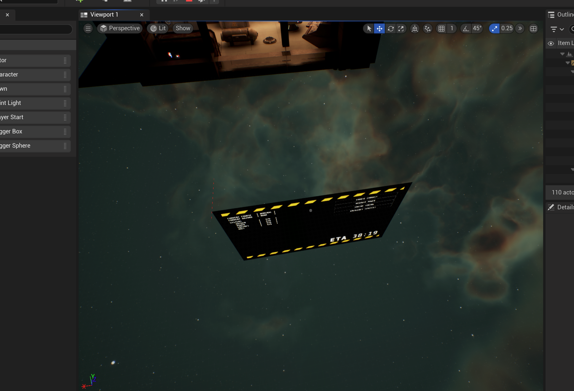 The widget component rendering under the ship displaying the UI that later gets mapped to the screen model. A thin red line shows where the virtual "mouse pointer" is currently in the upper left.