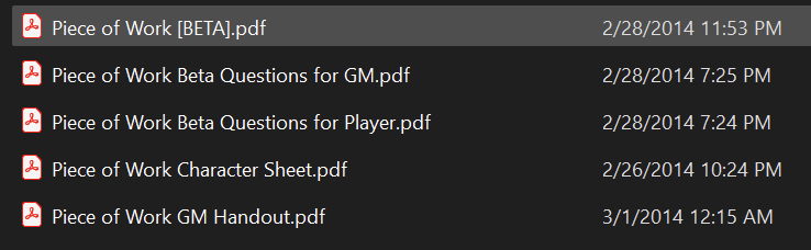 A list of files and timestamps showing the file date of 2014 for Piece of Work [BETA].pdf as well as other beta test documents.