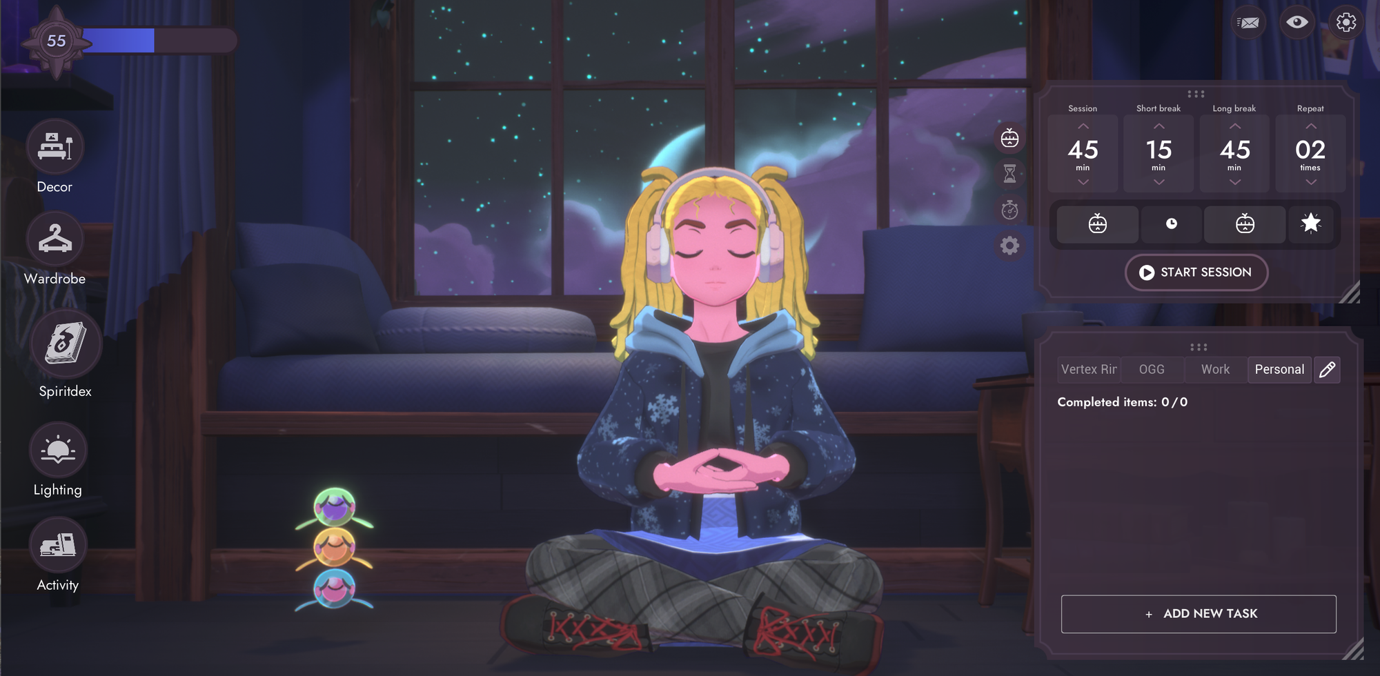 A Lofi Avatar sitting crosslegged and meditating in front of a bay window, next to a stack of three boba tea looking spirits. They are also meditating.