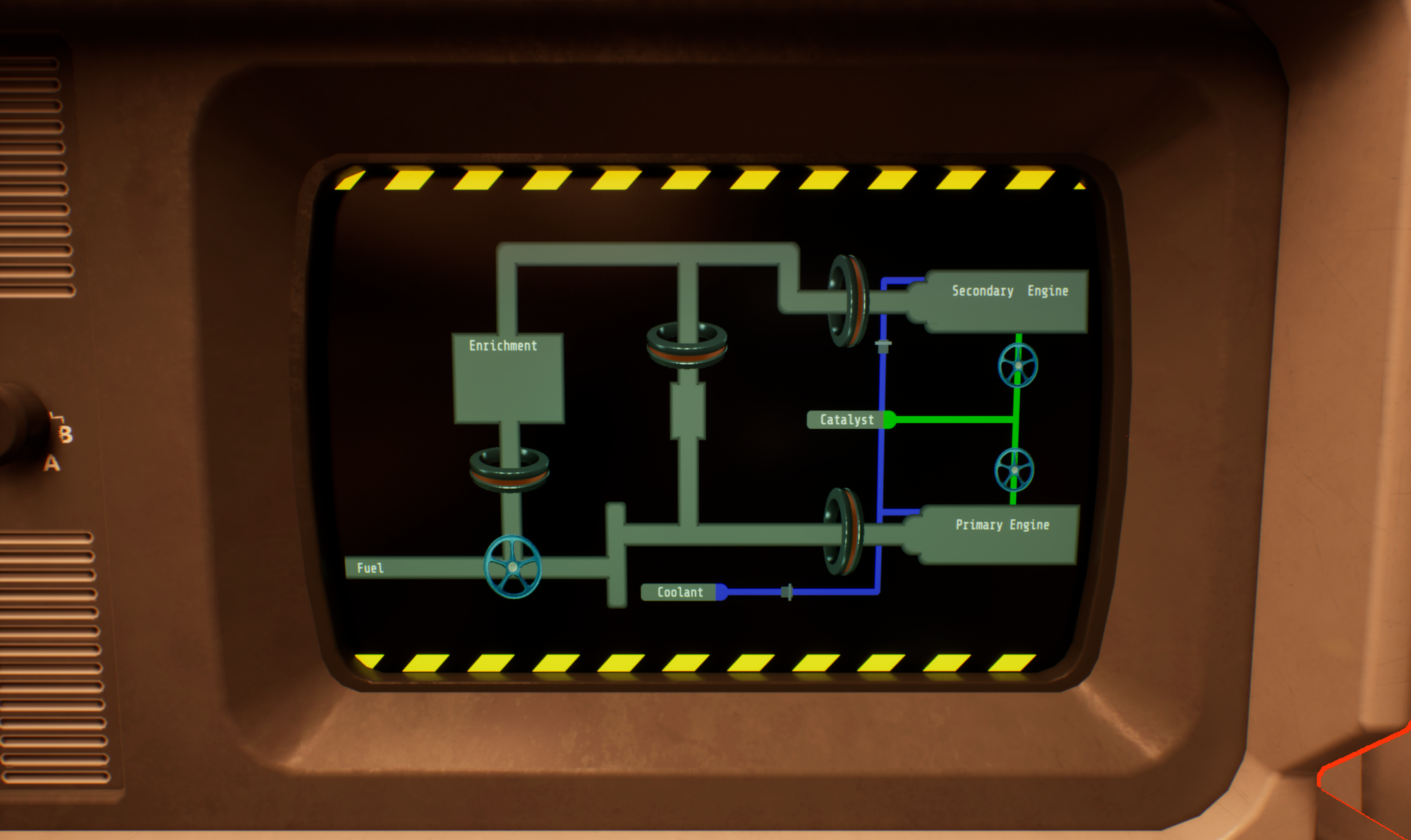An in-game computer screen showing the implemented engine tuning screen. All of the same systems are there, but the handwheels are textured graphics, as are the magnetic rings.