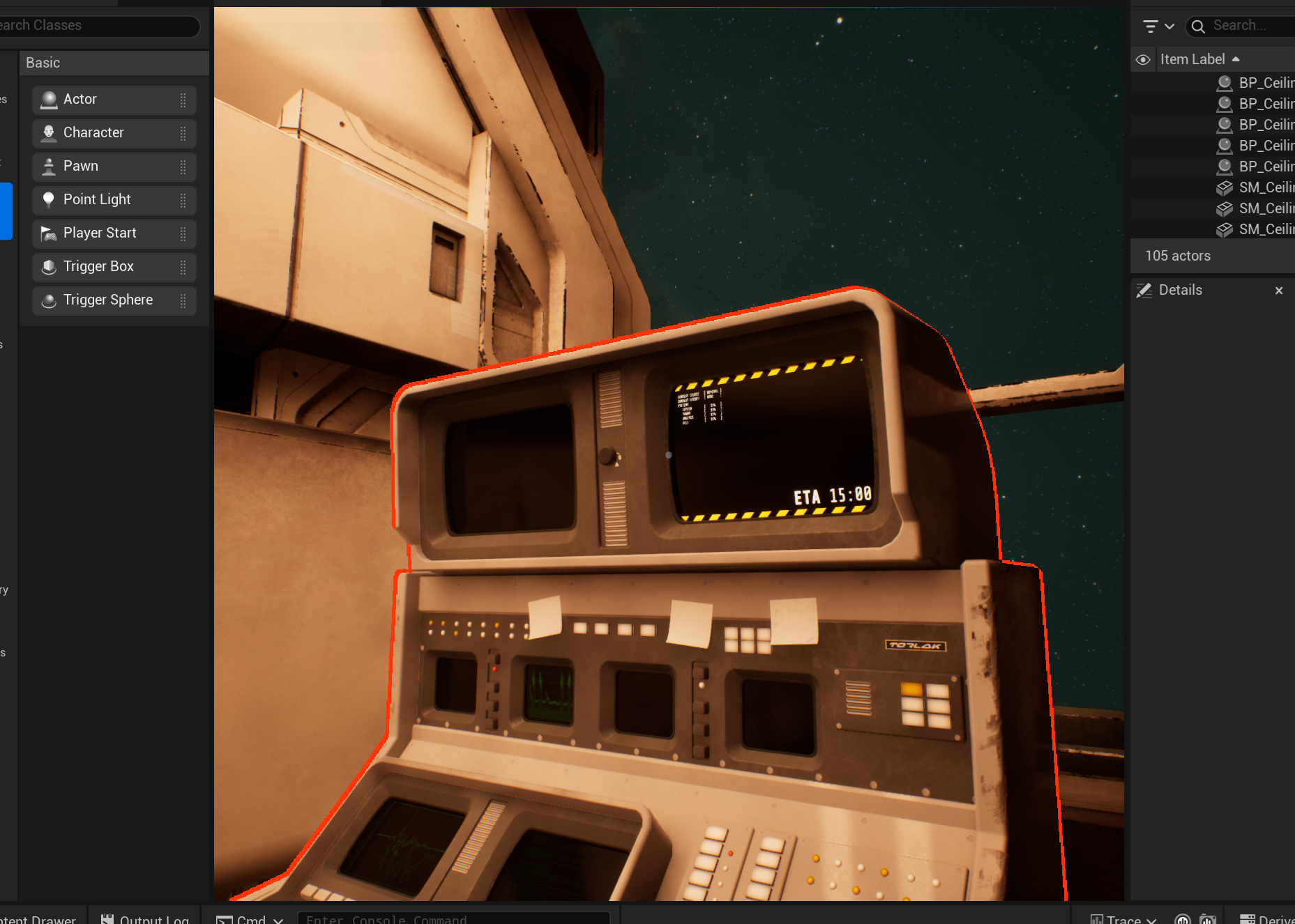 A picture of the main system console in the ship, with the new UI displaying on the upper right screen of the entire console, which has many more screens showing less important data. The UI shows caution tape borders at the top and bottom of the screen, and the current ETA of the trip is displaying in the lower right corner. It reads 15 minutes.