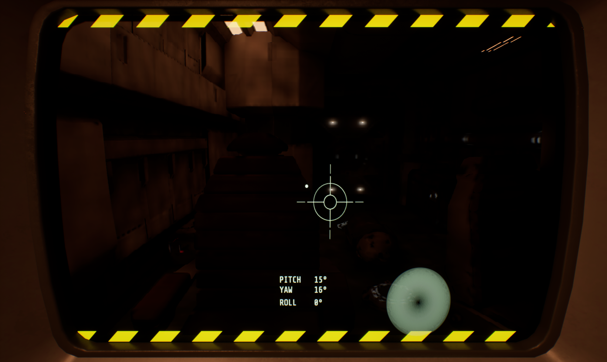 A view of the course correction screen of the ship's computer, with a crosshair that's been pulled off-course towards a wormhole in the lower right.