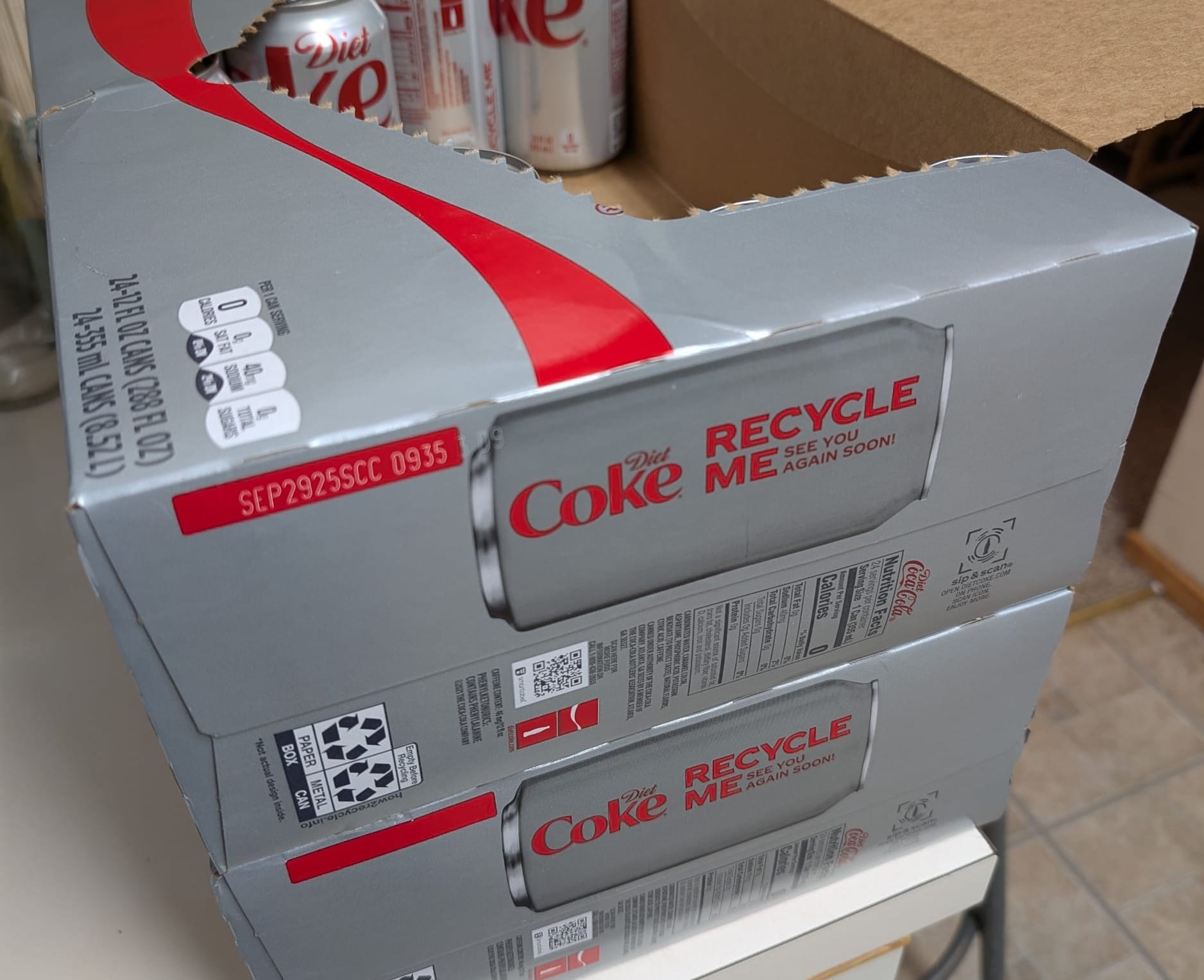 My countertop, with two 24-can cases of Diet Coke stacked on top of each other.