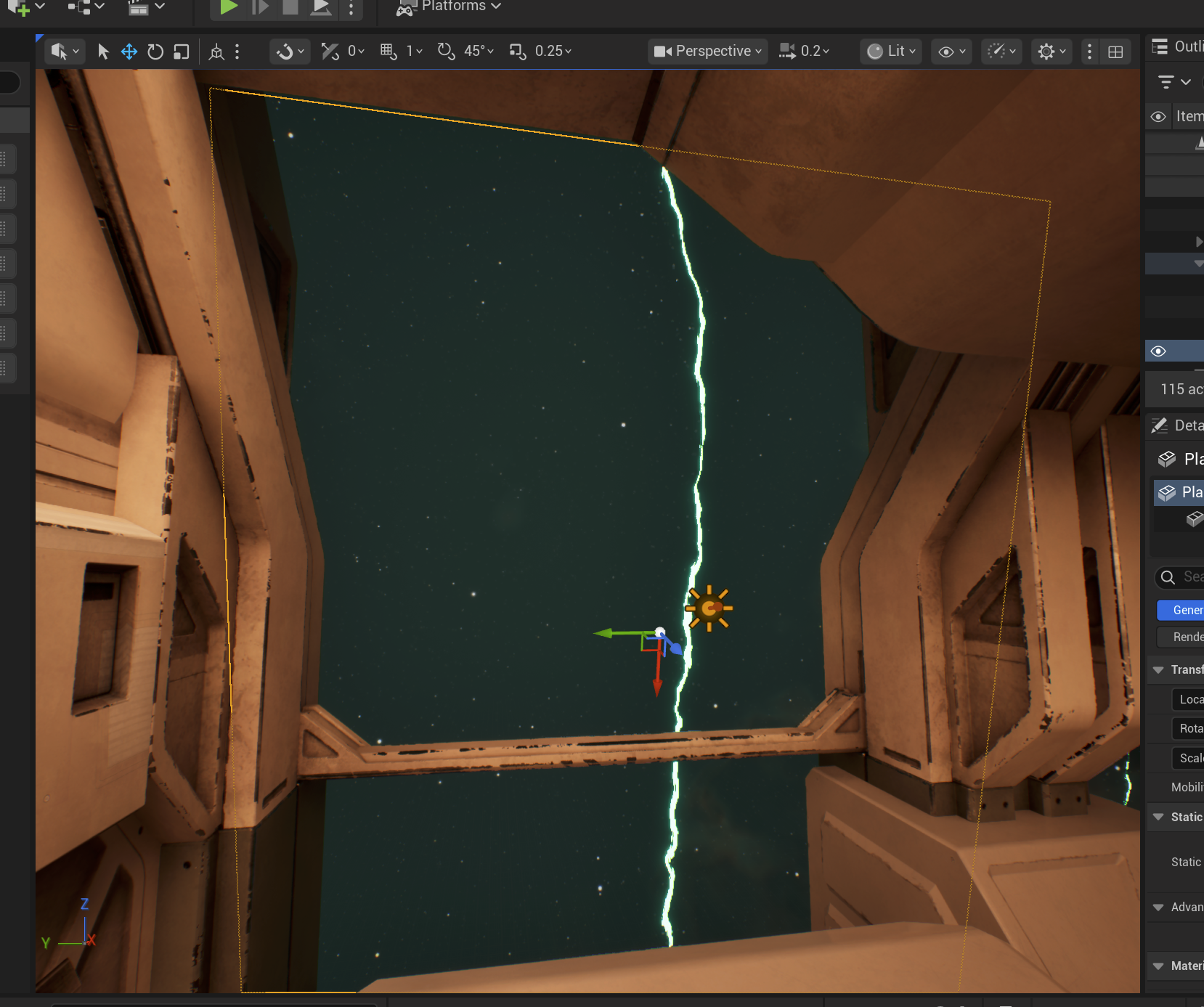 A screen capture of the lightning shader at work, with jagged lines and frayed edges.