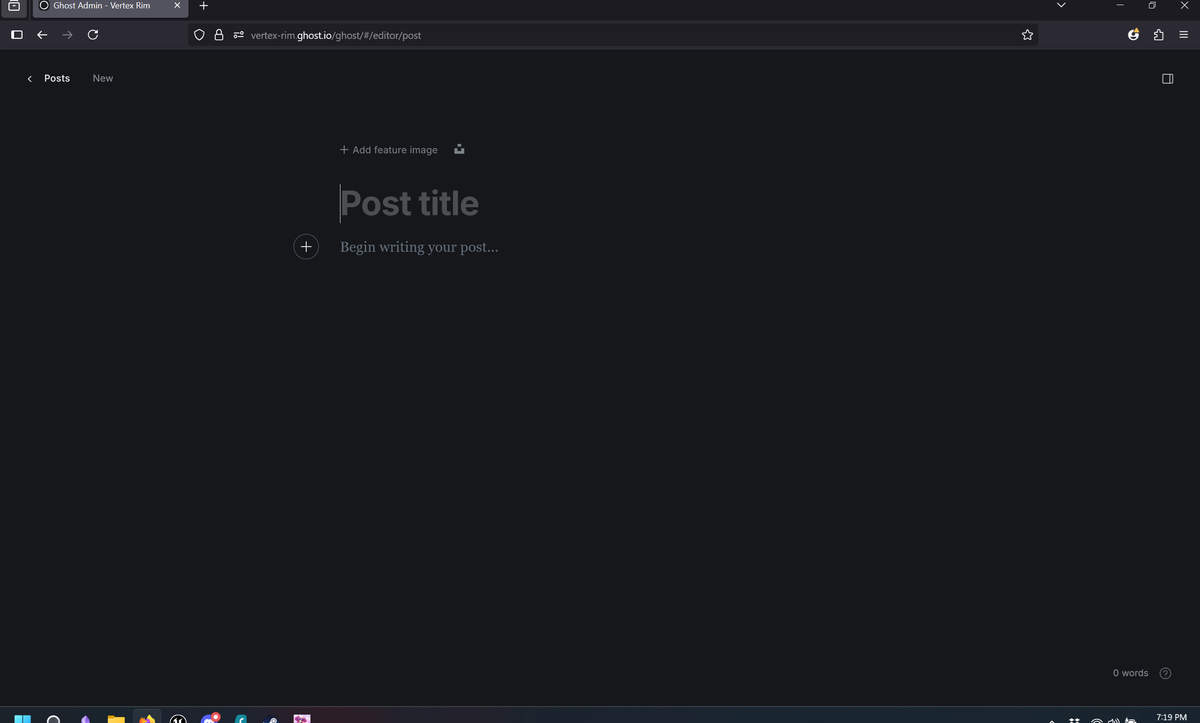 A blank "create new post" UI within ghost.io for creating new blog posts. I stare at this screen a lot more than I'd like.