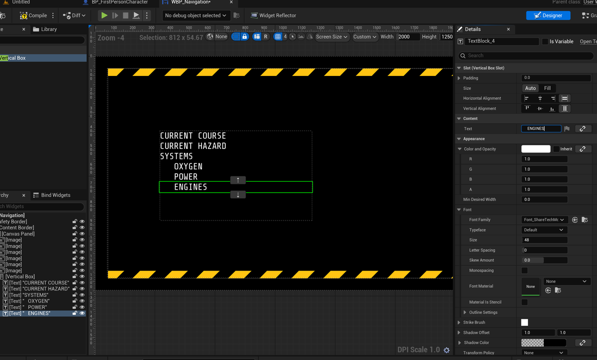 Designer view of ship console menu mid-edit. It reads: Current Course, Current Hazard, Systems; under Systems there's Oxygen, Power, Engines.