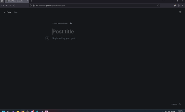 A blank "create new post" UI within ghost.io for creating new blog posts. I stare at this screen a lot more than I'd like.