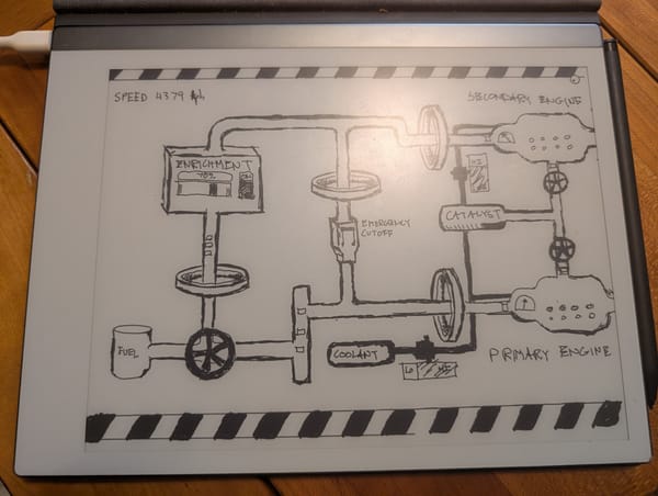 A sketched engine tuning system: The pipes eventually lead to two engines, one labeled primary and the other labeled secondary. Therea are several magnetic coils surrounding the pipes.